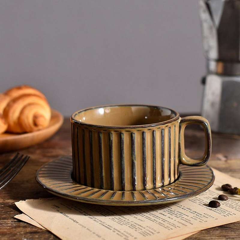 Chinese Style Ceramic Coffee Cup and Dish Set Coffee Mug Brown