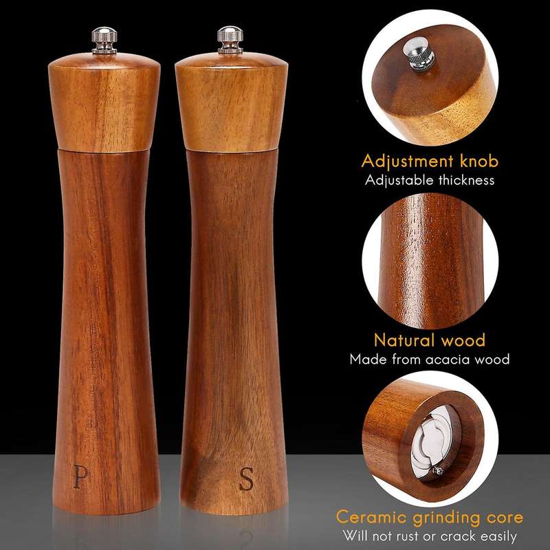 Salt and Pepper Grinders,wood Salt& Mill Set with Spoon for Cooking