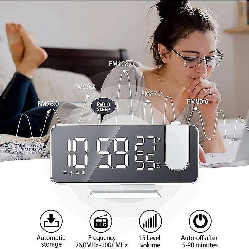 Digital Alarm Clock with Fm Radio Led Mirror Screen Alarm Clock-white