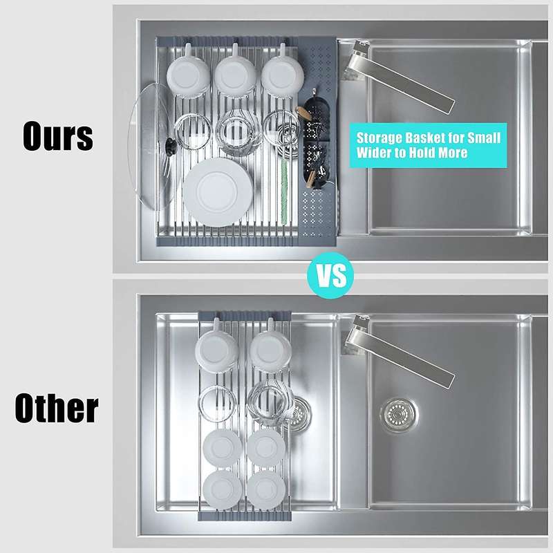 Kitchen Sink Roll-up Dish Drying Rack Stainless Steel -light Grey