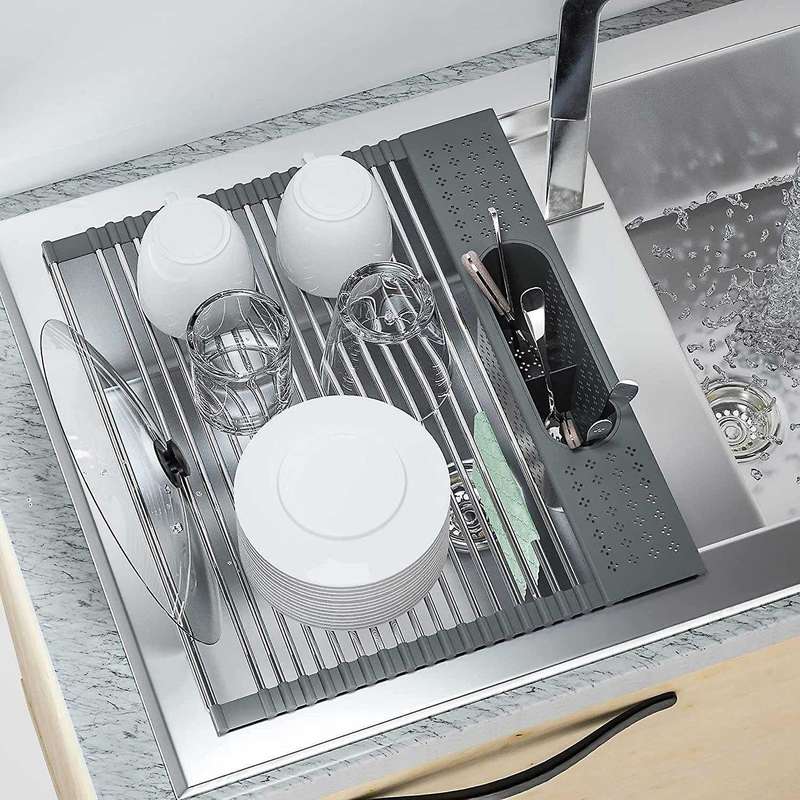 Kitchen Sink Roll-up Dish Drying Rack Stainless Steel -light Grey
