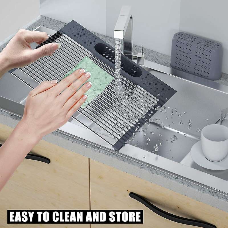 Kitchen Sink Roll-up Dish Drying Rack Stainless Steel -light Grey