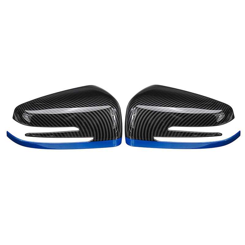 2x Car Rearview Side Mirrors Cover Cap Carbon Fibe + Blue