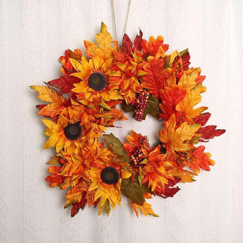 Artificial Sunflower Maple Leaf Wreath Festival Window Door Decor