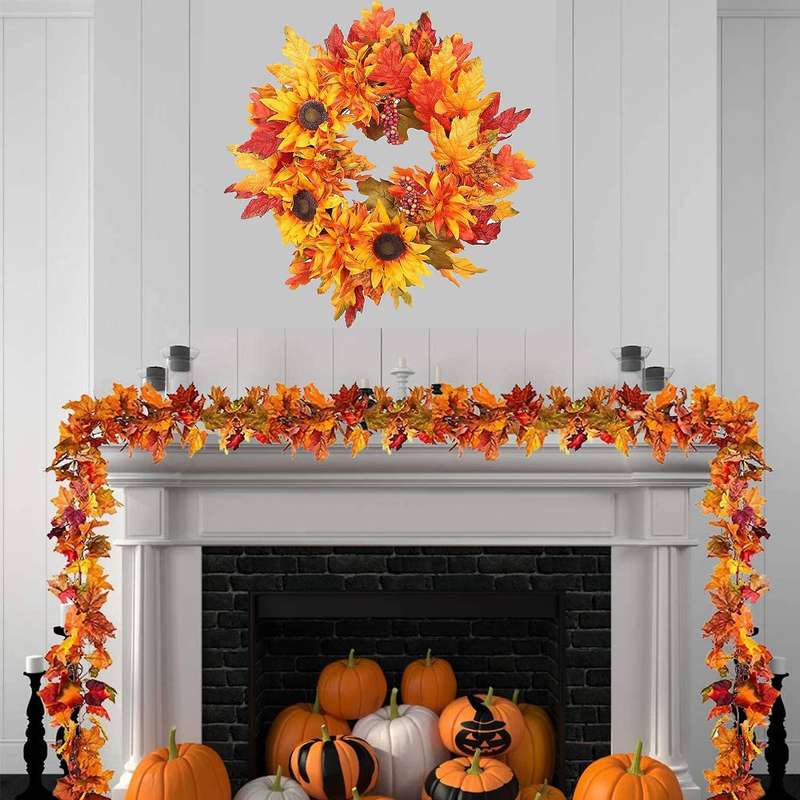 Artificial Sunflower Maple Leaf Wreath Festival Window Door Decor