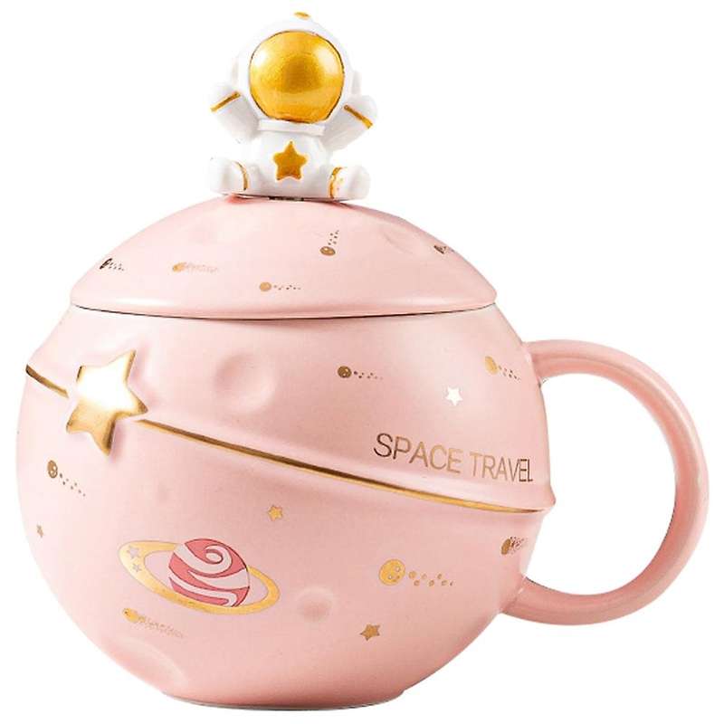 Cute Astronaut Mug with Lid & Spoon, Mug for Coffee, Pink