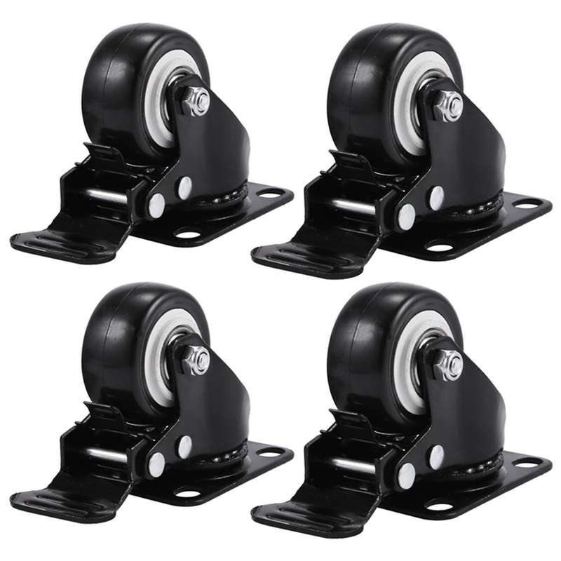 4 Pack 2in Polyurethane Pu Casters (2 with Brakes + 2 Without) Black