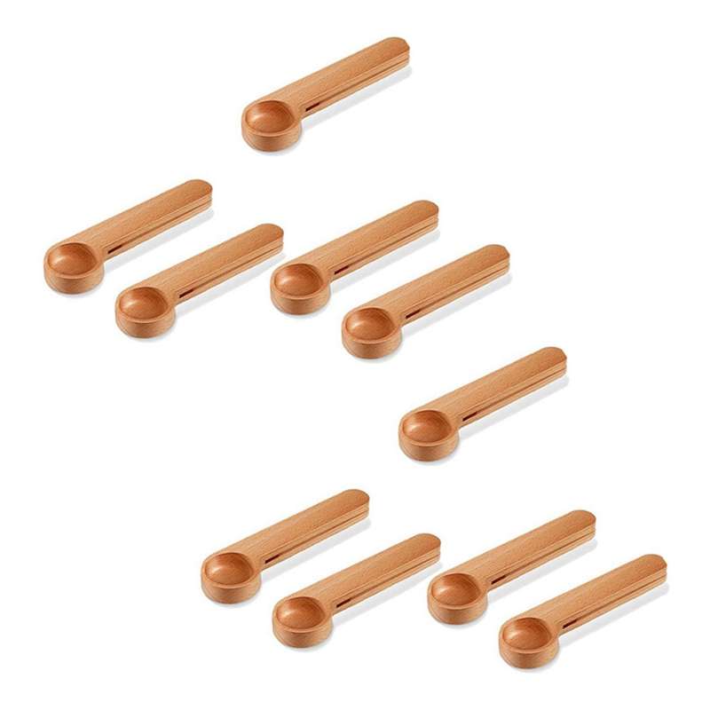 10 Pcs Wooden Scoop & Bag Clip Measure Spoon 2-in-1 for Coffee,tea