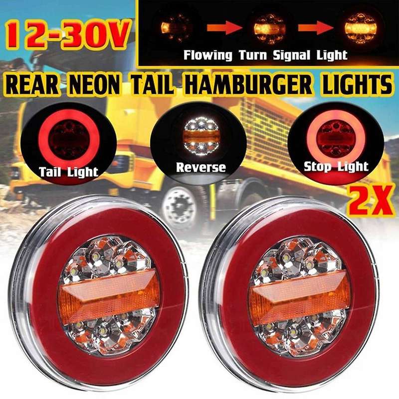 2x 12-30v Hamburger Round Flowing Led Rear Tail Light for Truck Lorry