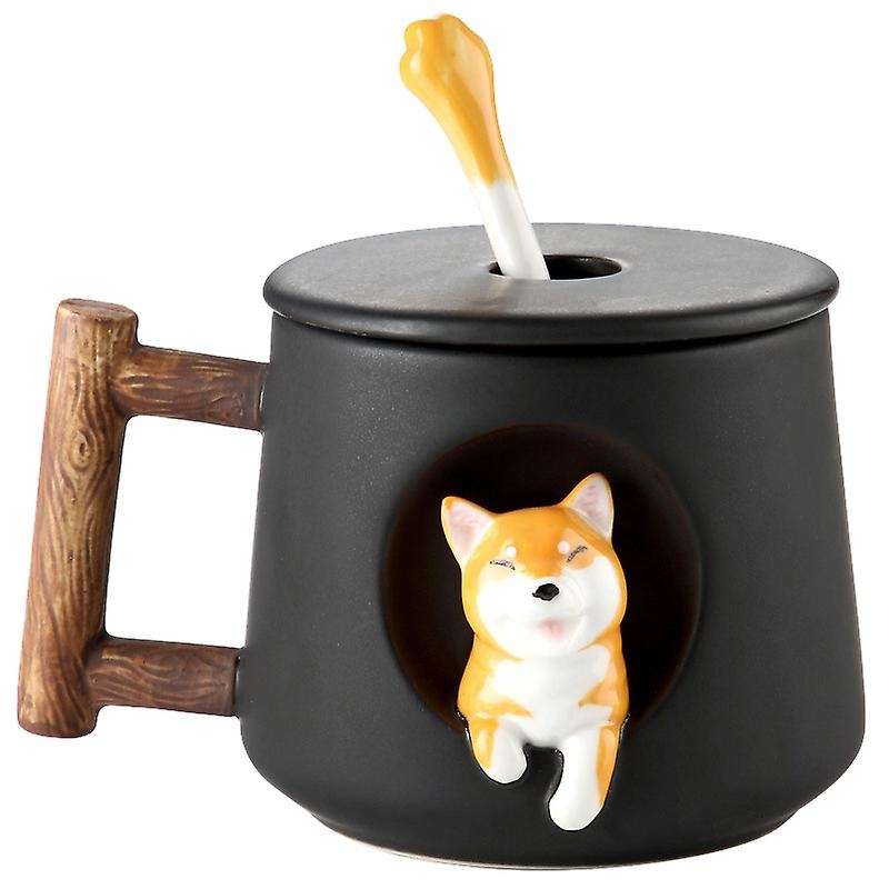 Cartoon Ceramic Mug Trend Mug Coffee Cup with Lid Spoon Black