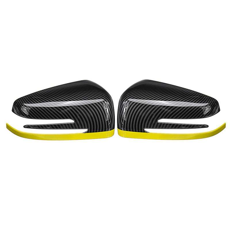 2x Car Rearview Side Mirrors Cover Cap Carbon Fibe + Yellow
