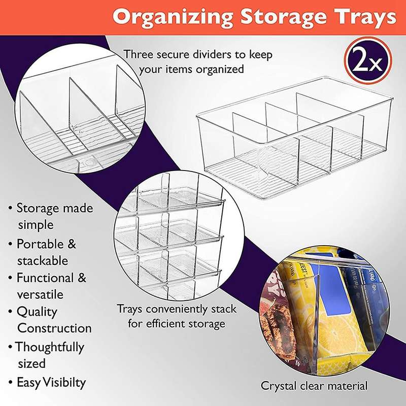 2pcs Plastic Pantry Organization and Storage Bins with Dividers