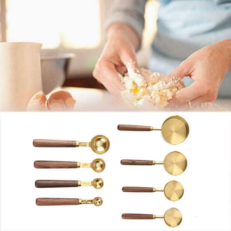 Walnut Wooden Handle Plated Gold Measuring Spoon Cups Kitchen Set 2