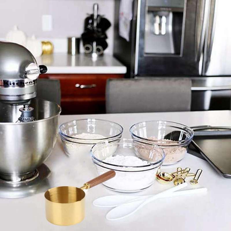 Walnut Wooden Handle Plated Gold Measuring Spoon Cups Kitchen Set 2