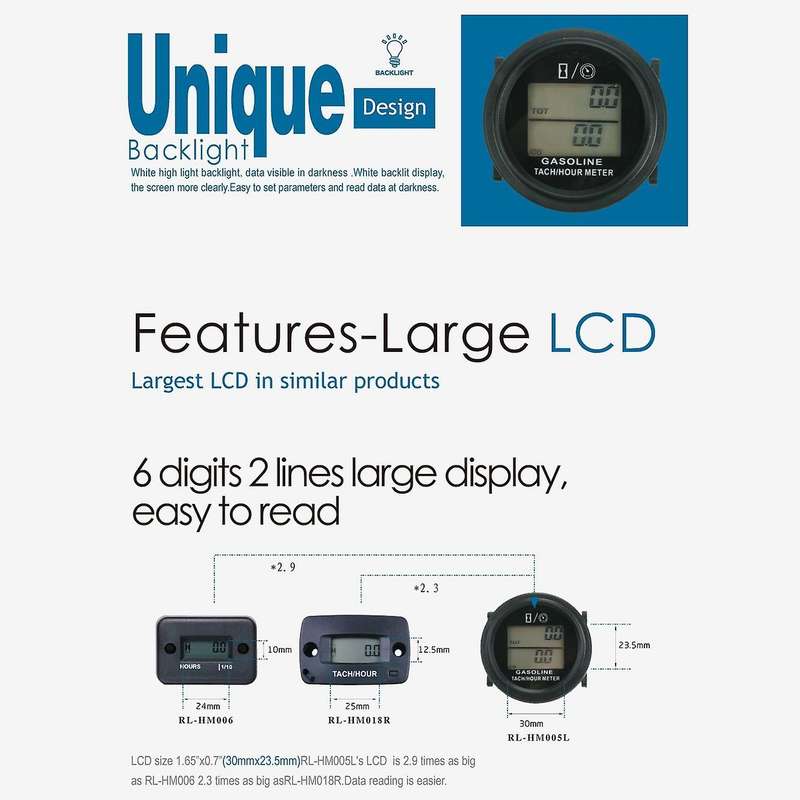 Lcd Backlight Hour Meter Tachometer for Gas Engine 2/4 Stroke