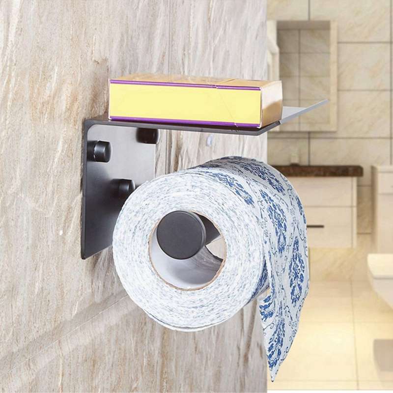 Toilet Paper Holder with Shelf Wall Mounted Decorative Holder Black