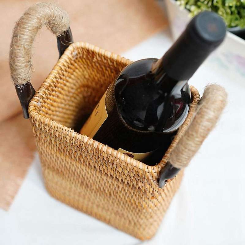 Handwoven Rattan Storage Tray with Handle Round Wicker Basket A