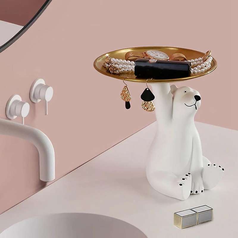 Cute White Bear Tray Stroage Figurines Home Decor Modern Nordic Resin
