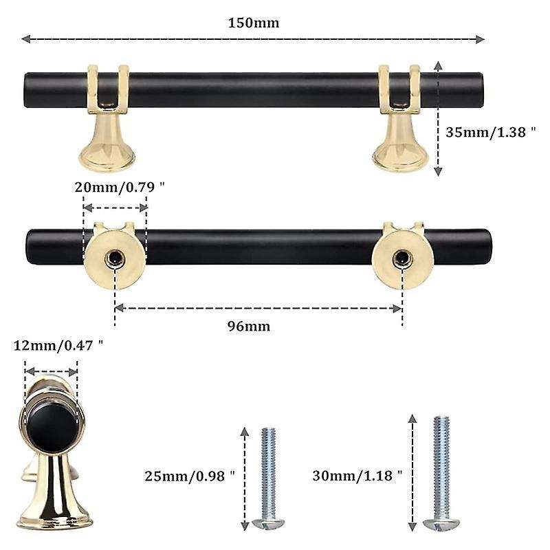 Cabinet Handles 6 Pack 96mm Hole Centers Matte Black T Bar Gold Base