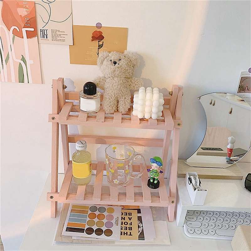 Wooden Double Layer Kitchen Shelf Accessories Spice Rack Holder Pink