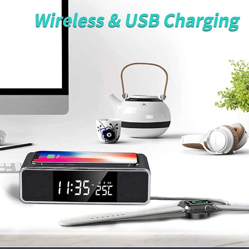Digital Alarm Clock with Wireless Charging, Bedside Fm Radio Clock
