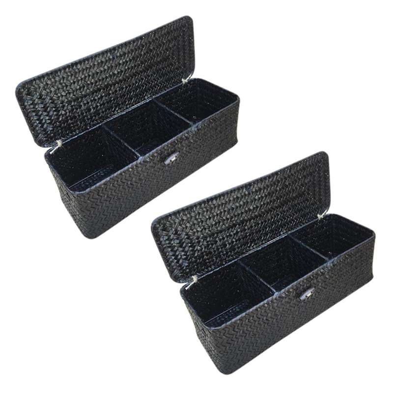 2x 3 Compartment Storage Box Wicker Rattan Basket with Cover
