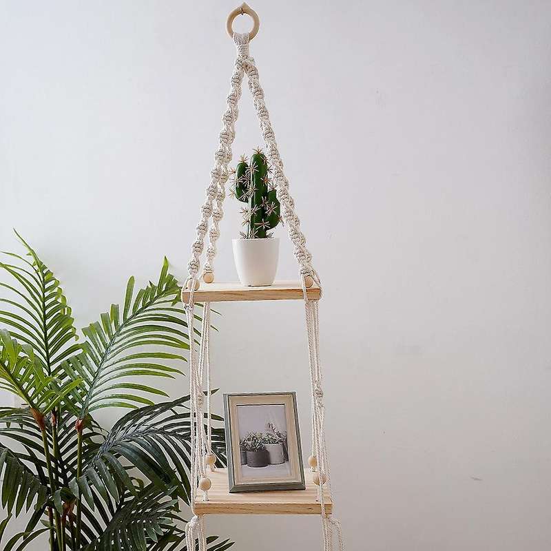 Macrame Hanging Planter Shelf Boho Home Garden Planter Rack, Square