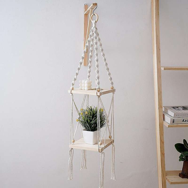 Macrame Hanging Planter Shelf Boho Home Garden Planter Rack, Square