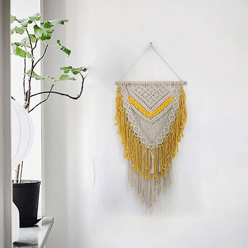Macrame Wall Hanging Beige and Yellow Woven Tapestry with Tassel Boho