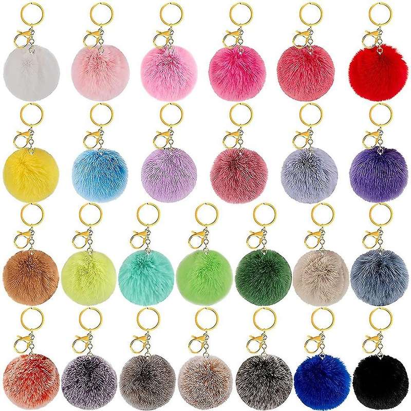 26pcs Rabbit Faux Fur Pom Poms Balls Keychain for Bag Accessories