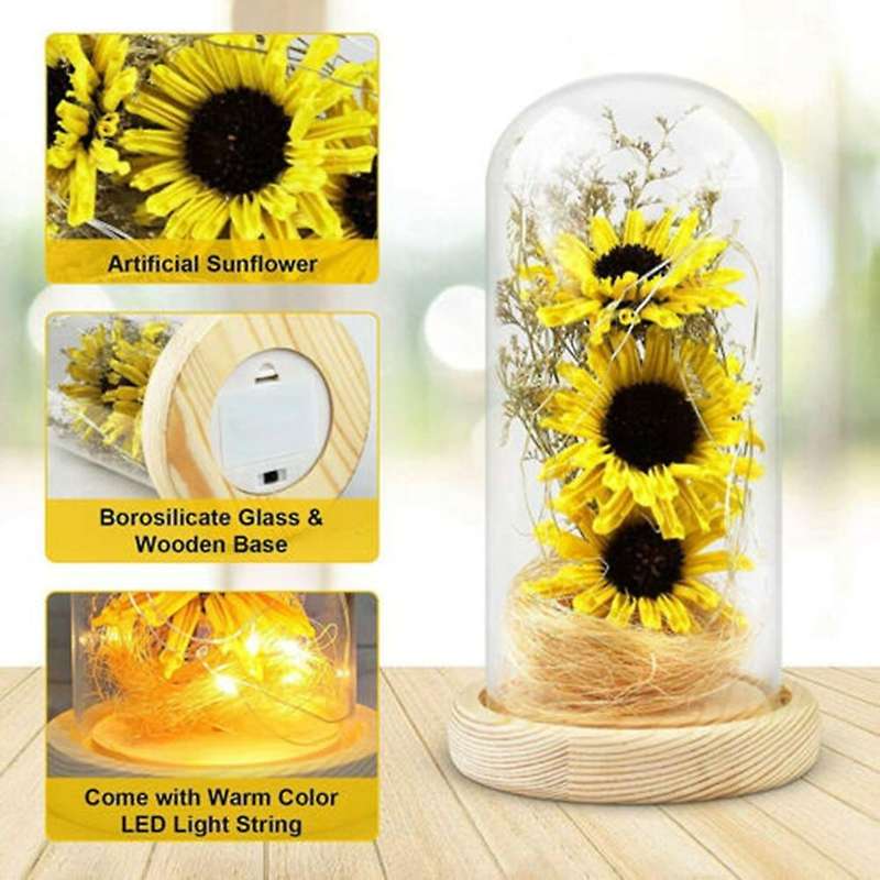 Imitation Sunflowers In Glass Dome with Led Strips Valentine's Day