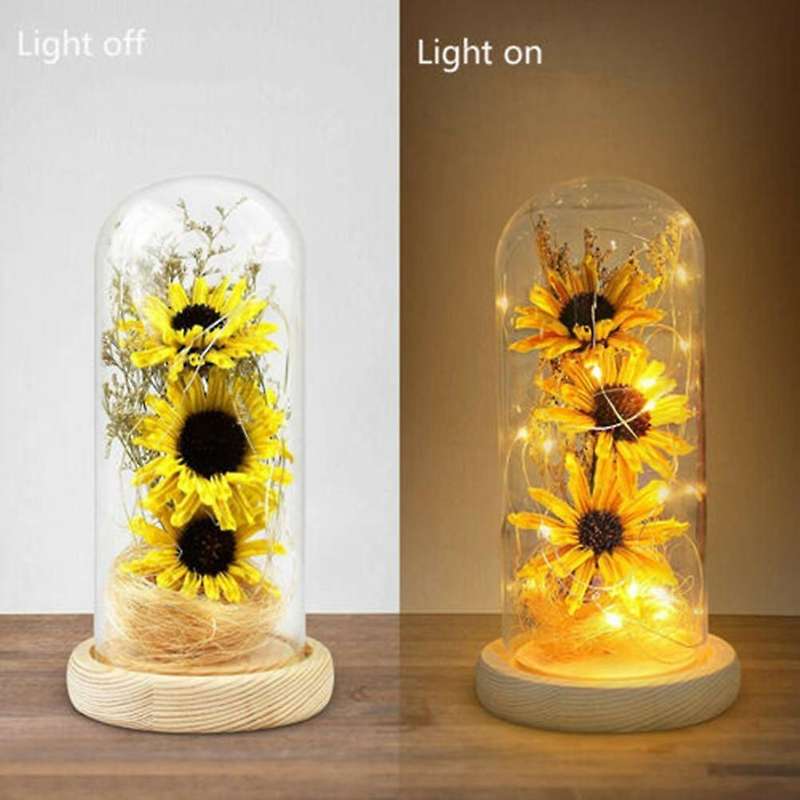 Imitation Sunflowers In Glass Dome with Led Strips Valentine's Day
