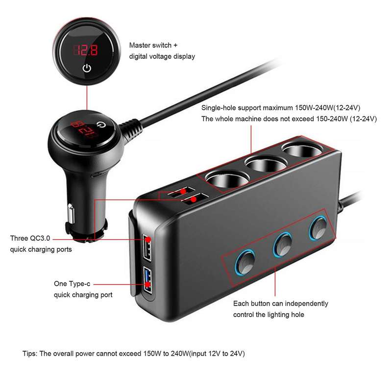 Car Car Lighter One for Four Fast Charge Usb Ports