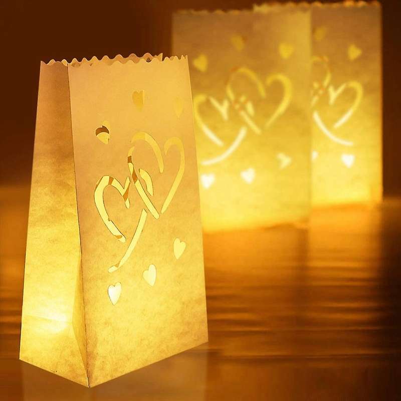 50 Pcs White Luminary Bags with Hearts, for Wedding, Valentine's Day