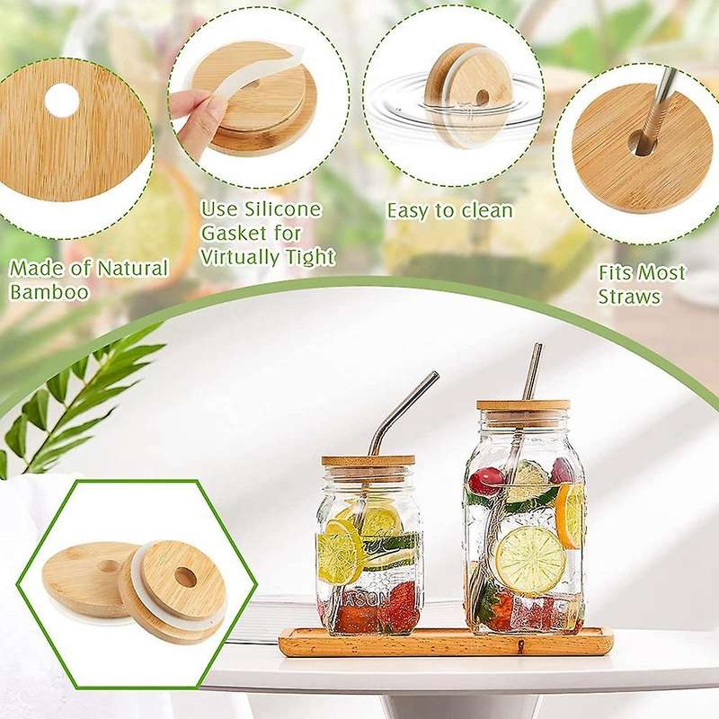16 Pcs Bamboo Jar Lids with Straw Hole Reusable Bamboo Jar