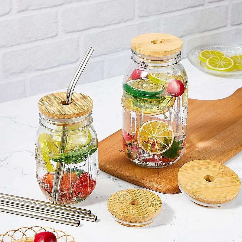 16 Pcs Bamboo Jar Lids with Straw Hole Reusable Bamboo Jar