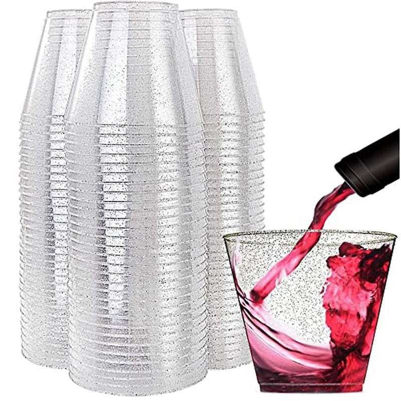 Clear Plastic Cups, Silver Glitter Plastic Wine Glasses Reusable