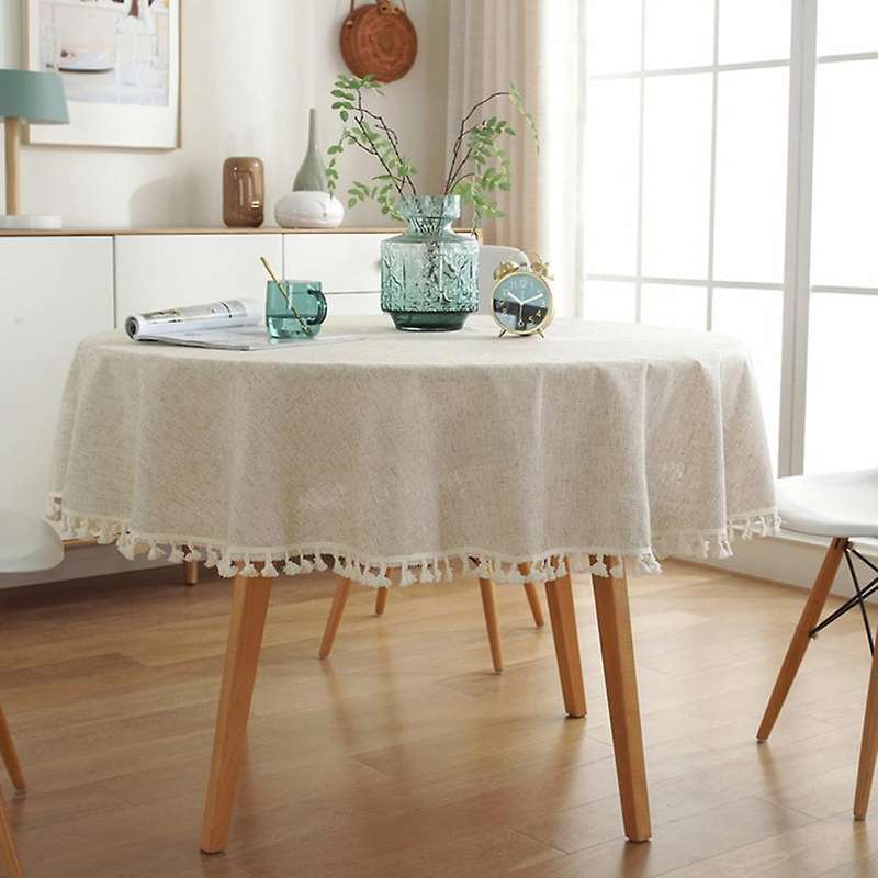 Pure-colored Tablecloth White Tassel Decoration Linen Table Cover
