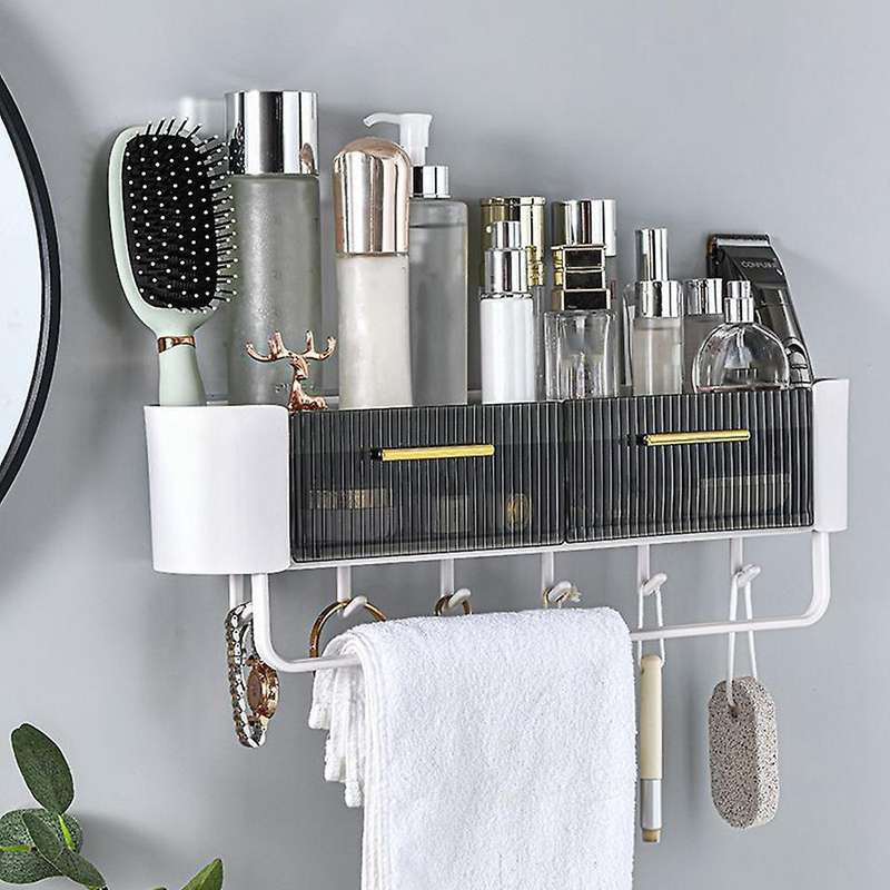 Storage Shelf with Towel Rack Organizer for Home Bathroom Gray