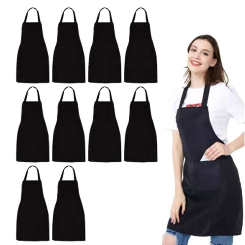 10 Pack Bib Apron - Unisex Black Apron Bulk with 2 Roomy Pockets