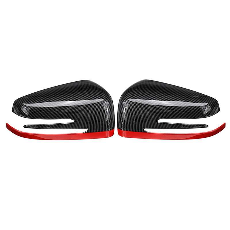2x Car Rearview Side Mirrors Cover Cap Carbon Fibe + Red