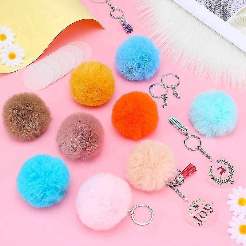 144pcs Diy Pom Poms Keychains,with Keyring,jump Ring and Pompoms