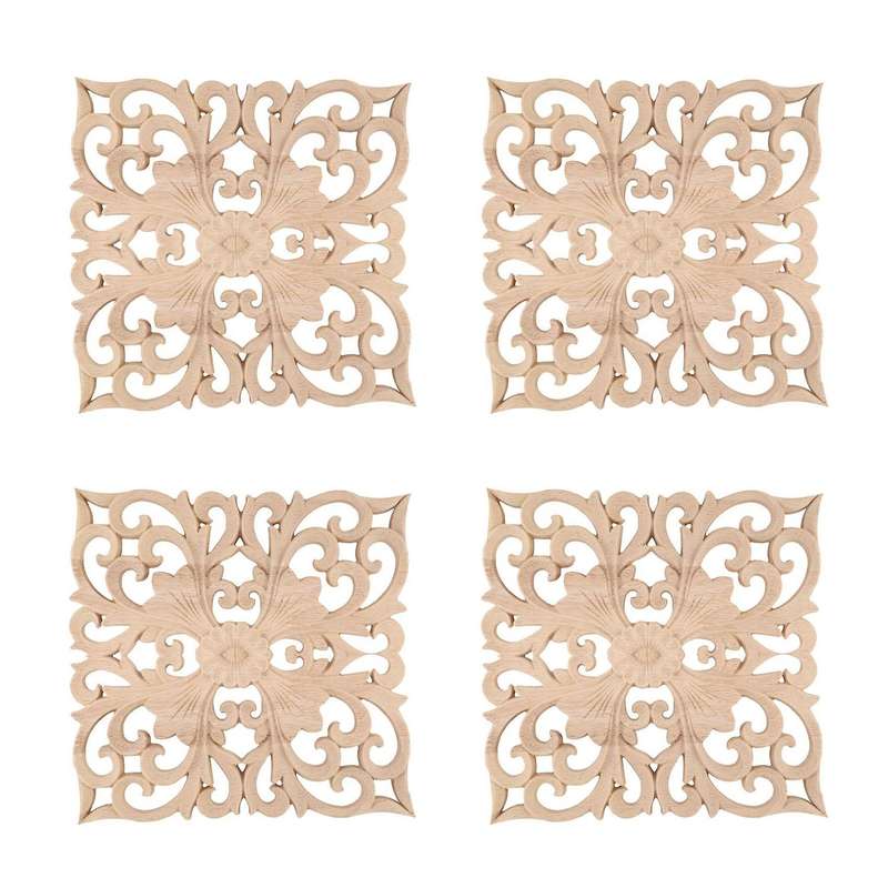 4x Wooden Decal European-style Applique Real Wood Carving 20x20x2cm