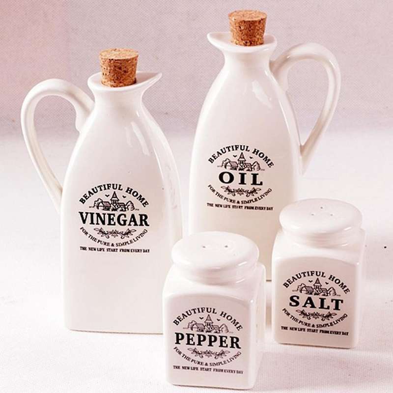 4pcs Ceramic Spice Jar with Wooden Cork Kitchen Condiment Bottle