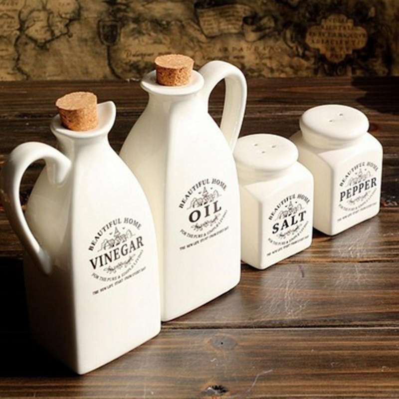 4pcs Ceramic Spice Jar with Wooden Cork Kitchen Condiment Bottle