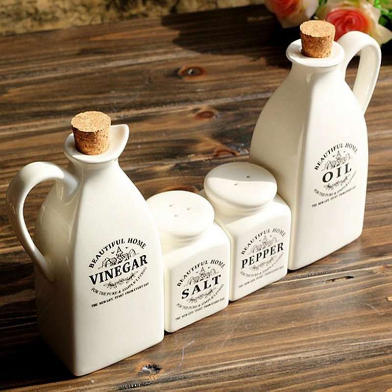 4pcs Ceramic Spice Jar with Wooden Cork Kitchen Condiment Bottle