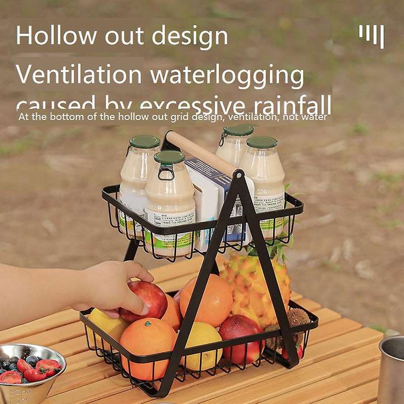 Creative Iron Fruit Basket Kitchen Storage Double Layers, Black