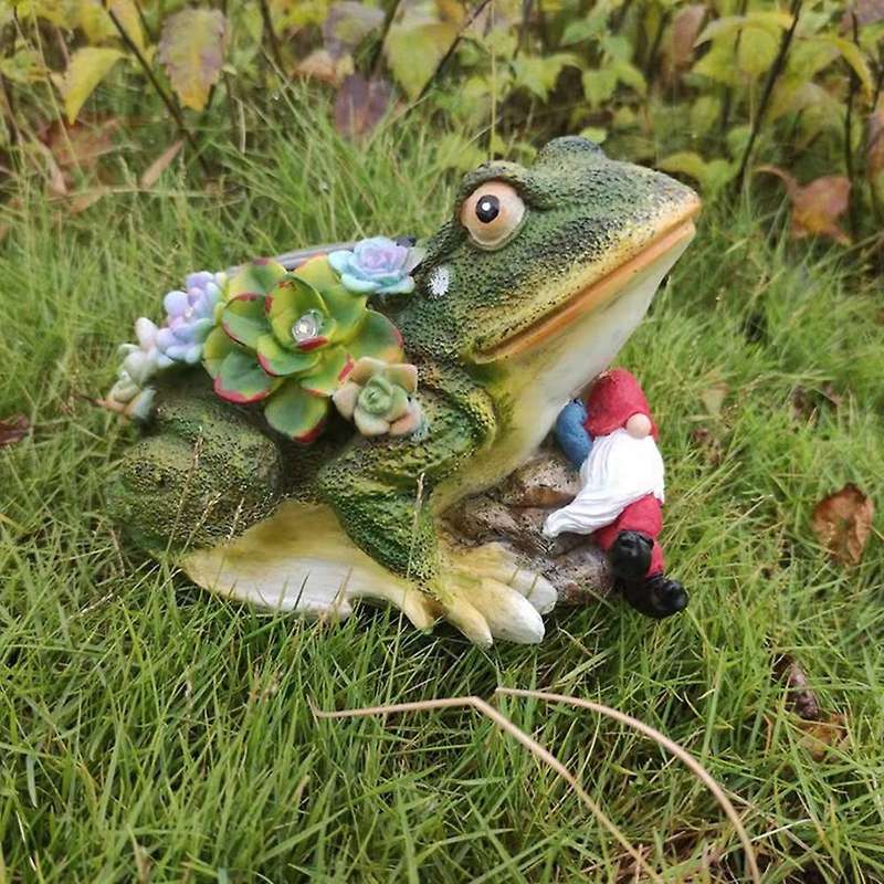 Frog Gnome Garden Statue with Light, Sculpture for Outdoor Decor