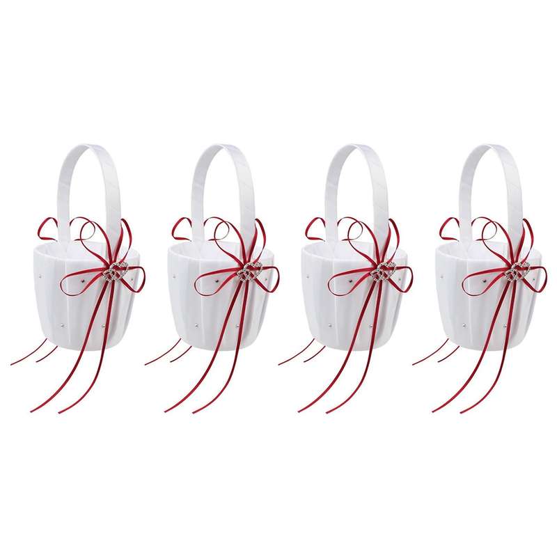 4x Double Heart Basket White Satin Rhinestone Decor Red Wedding Party