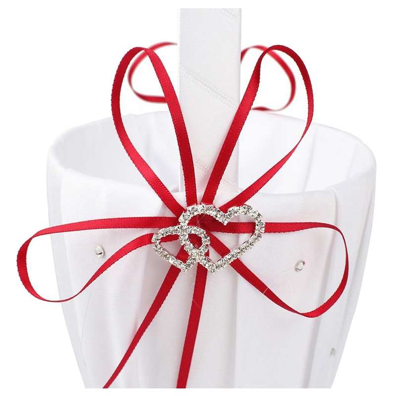 4x Double Heart Basket White Satin Rhinestone Decor Red Wedding Party